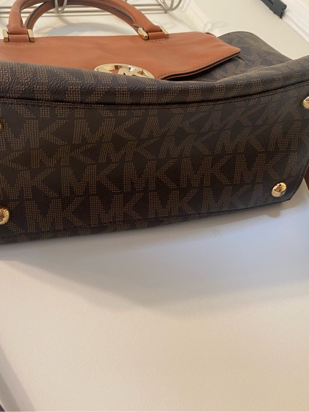 Michael Kors Brown & Tan MK Logo Satchel with Gold Accent - Picture 5 of 13